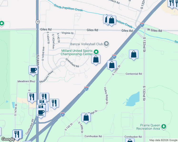 map of restaurants, bars, coffee shops, grocery stores, and more near 13801 Meadow Ridge Road in Omaha