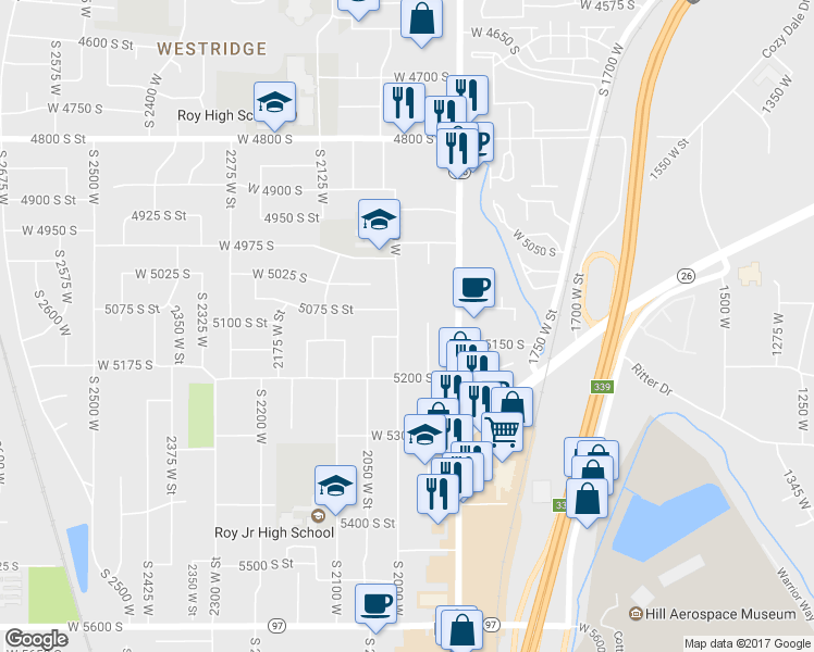 map of restaurants, bars, coffee shops, grocery stores, and more near 5108 South 2000 West in Roy