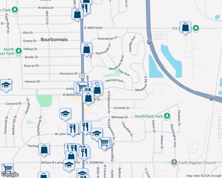 map of restaurants, bars, coffee shops, grocery stores, and more near 206 Meadows Road South in Bourbonnais