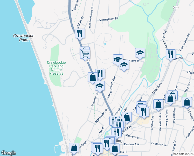 map of restaurants, bars, coffee shops, grocery stores, and more near 7 Cedar Lane in Ossining