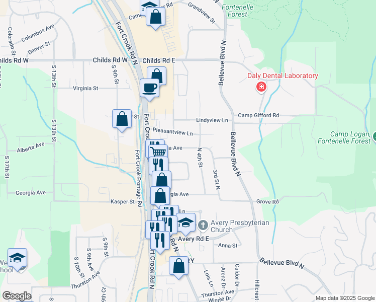 map of restaurants, bars, coffee shops, grocery stores, and more near 2101 Virginia Avenue in Bellevue