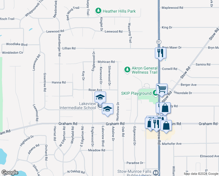 map of restaurants, bars, coffee shops, grocery stores, and more near 3833 Silverwood Drive in Stow