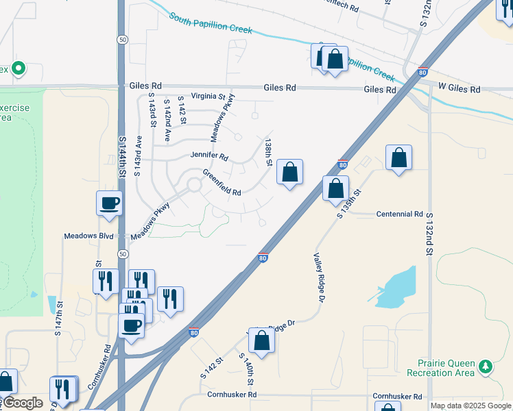 map of restaurants, bars, coffee shops, grocery stores, and more near 13838 Meadow Ridge Road in Omaha