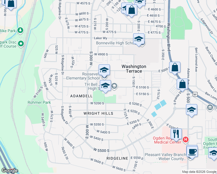 map of restaurants, bars, coffee shops, grocery stores, and more near 165 West 5100 South in Washington Terrace