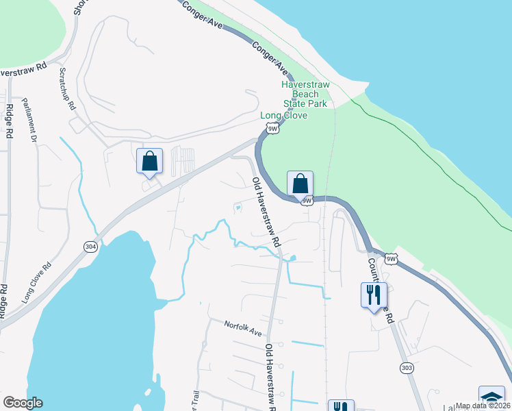 map of restaurants, bars, coffee shops, grocery stores, and more near 298 Old Haverstraw Road in Congers