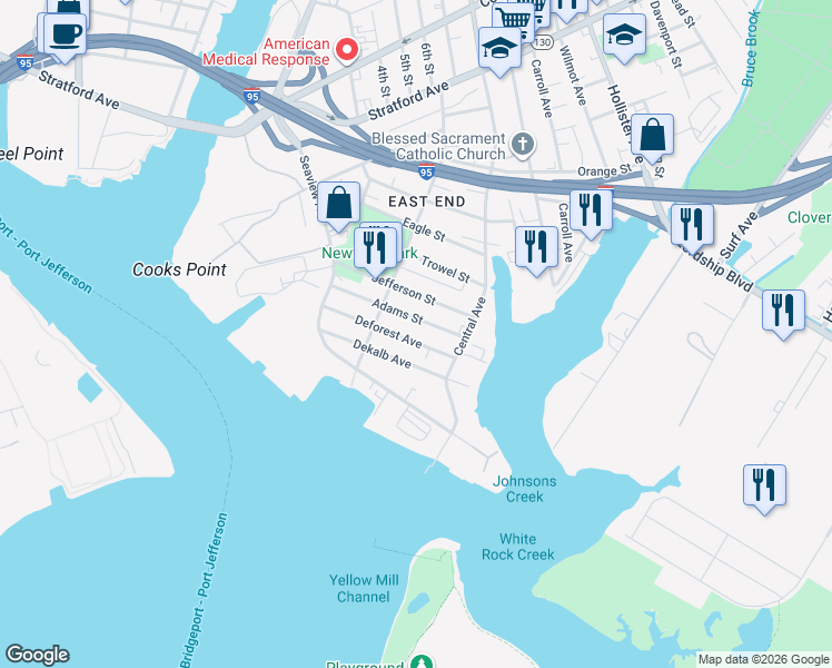 map of restaurants, bars, coffee shops, grocery stores, and more near 188 Deforest Avenue in Bridgeport