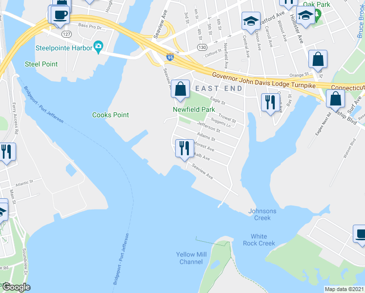 map of restaurants, bars, coffee shops, grocery stores, and more near 492 Seaview Avenue in Bridgeport