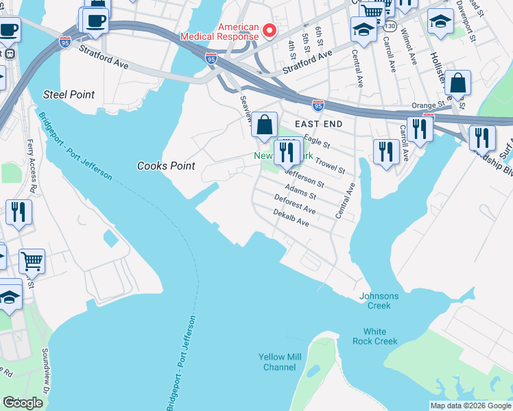 map of restaurants, bars, coffee shops, grocery stores, and more near 492 Seaview Avenue in Bridgeport