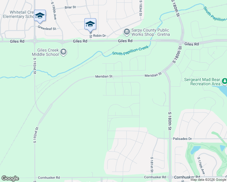 map of restaurants, bars, coffee shops, grocery stores, and more near 18496 Giles Road in Omaha