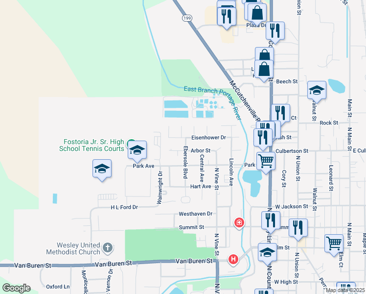 map of restaurants, bars, coffee shops, grocery stores, and more near 770 Arbor St in Fostoria