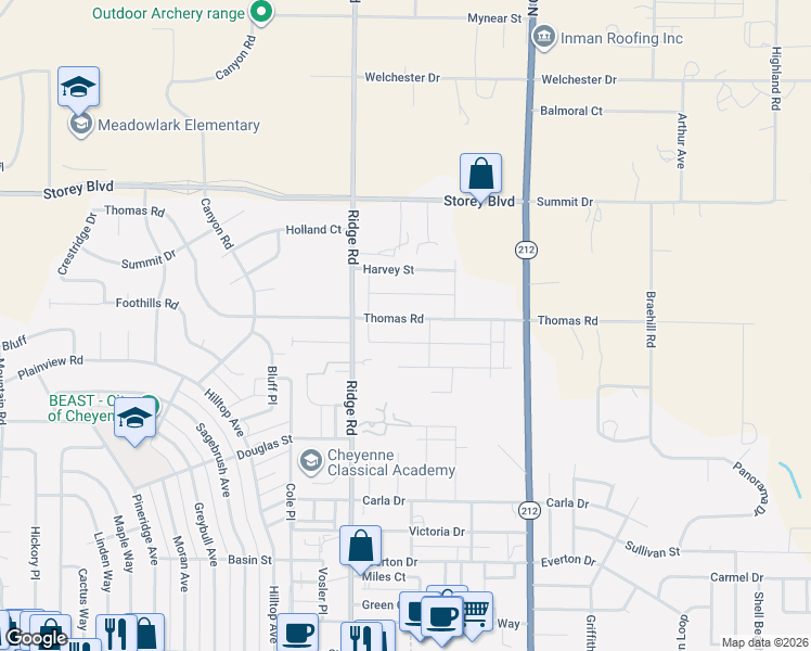 map of restaurants, bars, coffee shops, grocery stores, and more near 3606 Sahler Street in Cheyenne
