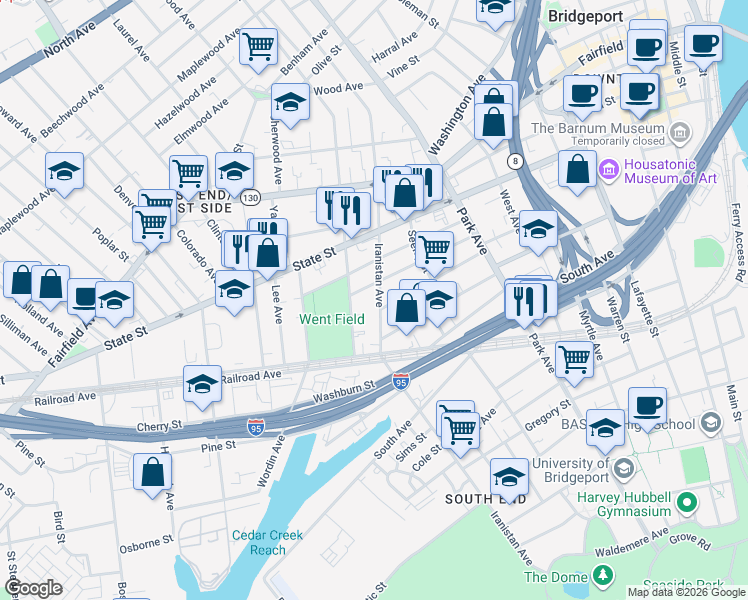 map of restaurants, bars, coffee shops, grocery stores, and more near 727 Iranistan Avenue in Bridgeport