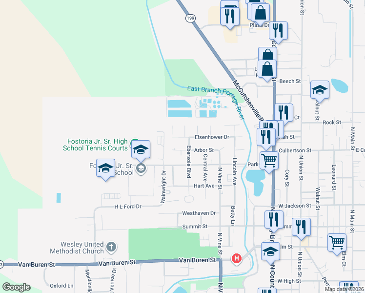map of restaurants, bars, coffee shops, grocery stores, and more near 770 Arbor St in Fostoria