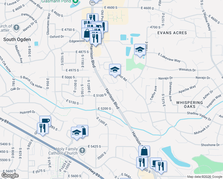 map of restaurants, bars, coffee shops, grocery stores, and more near 1295 Sunset Court in Ogden