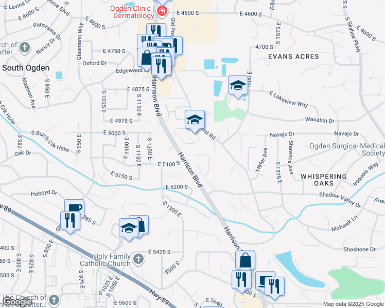 map of restaurants, bars, coffee shops, grocery stores, and more near 1303 Sunset Court in Ogden