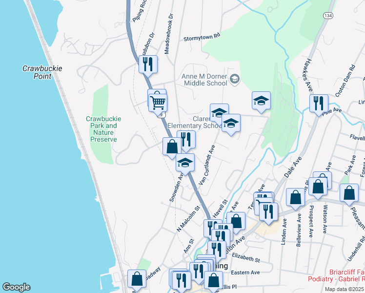 map of restaurants, bars, coffee shops, grocery stores, and more near 7 Cedar Lane in Ossining