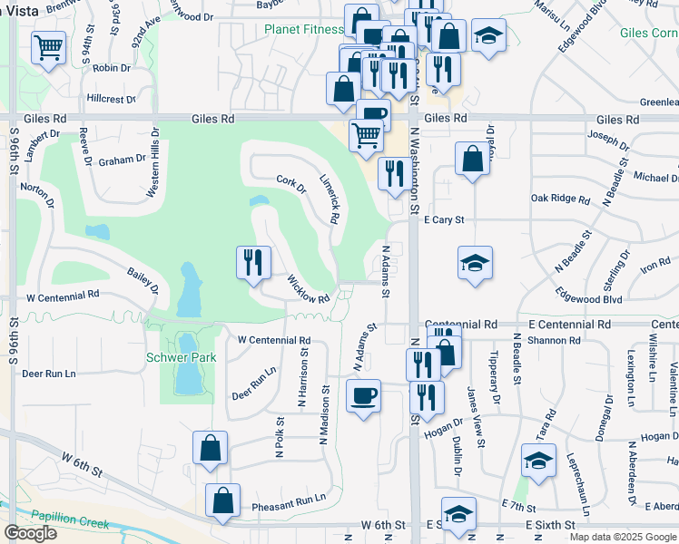 map of restaurants, bars, coffee shops, grocery stores, and more near 1001 Limerick Road in Papillion