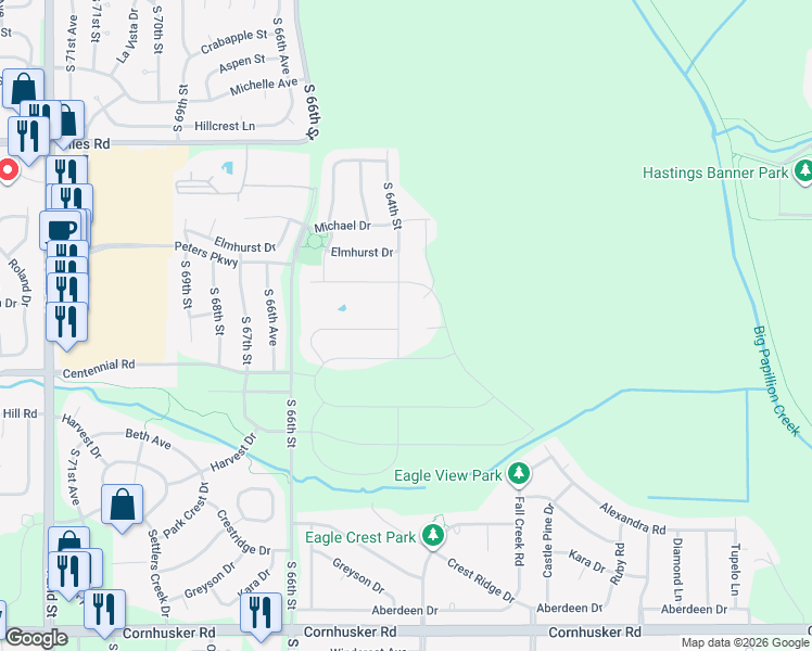 map of restaurants, bars, coffee shops, grocery stores, and more near 8715 South 64th Street in Omaha