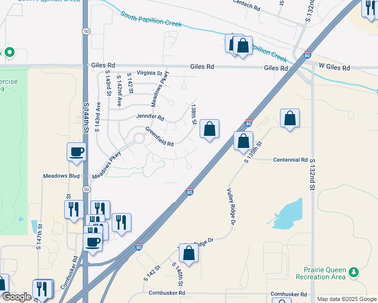 map of restaurants, bars, coffee shops, grocery stores, and more near 13838 Meadow Ridge Road in Omaha