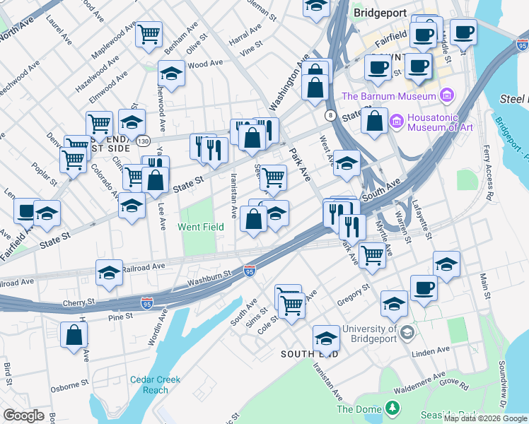 map of restaurants, bars, coffee shops, grocery stores, and more near 179 Lewis Street in Bridgeport