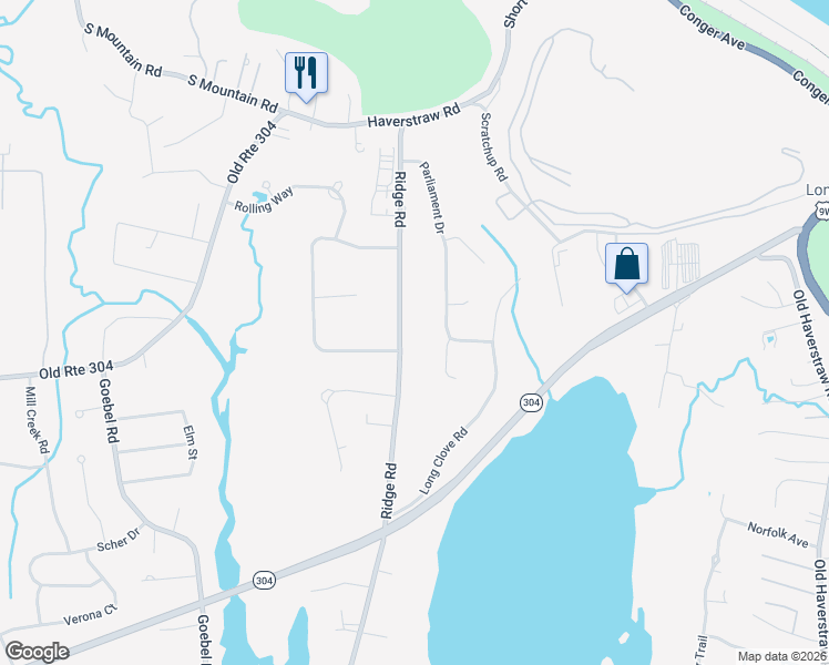 map of restaurants, bars, coffee shops, grocery stores, and more near 34 Parliament Drive in New City