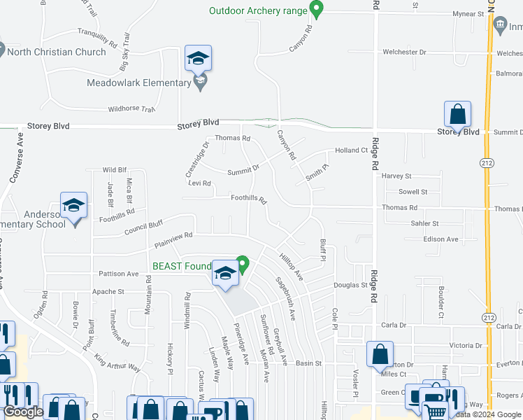 map of restaurants, bars, coffee shops, grocery stores, and more near 2841 Foothills Road in Cheyenne