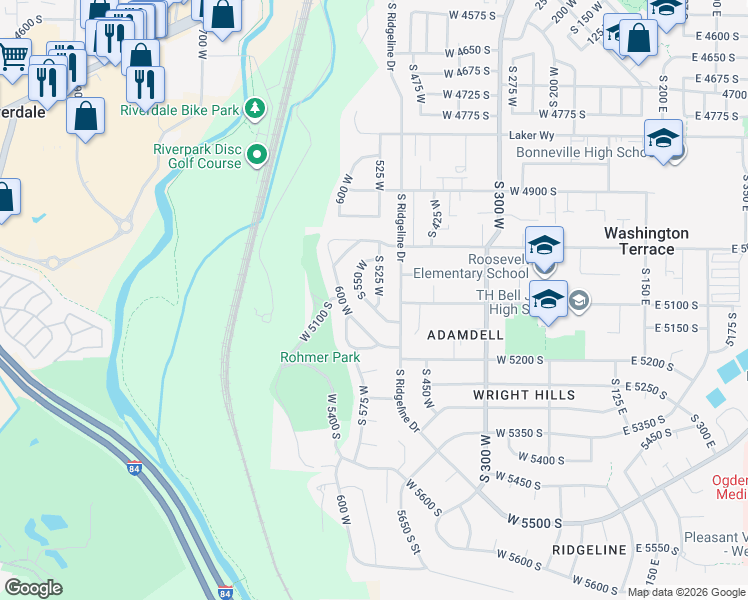 map of restaurants, bars, coffee shops, grocery stores, and more near 5117 South 550 West in Ogden