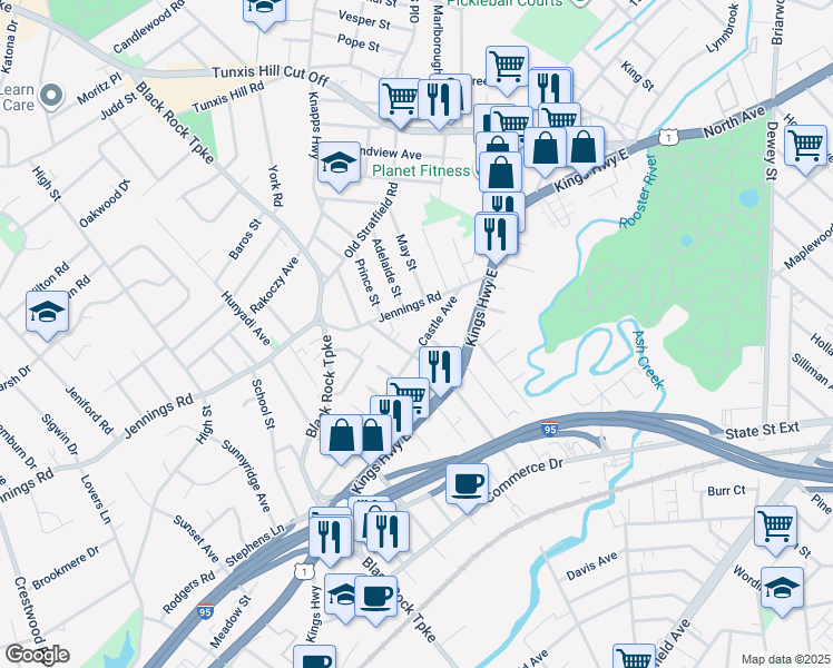 map of restaurants, bars, coffee shops, grocery stores, and more near 133 Castle Avenue in Fairfield