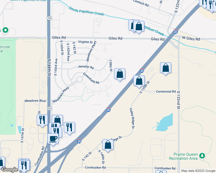 map of restaurants, bars, coffee shops, grocery stores, and more near 13838 Meadow Ridge Road in Omaha