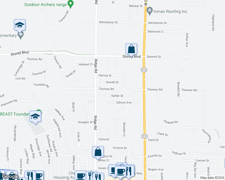 map of restaurants, bars, coffee shops, grocery stores, and more near 3607 Thomas Road in Cheyenne