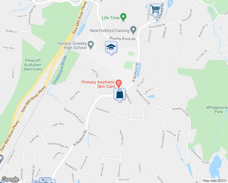 map of restaurants, bars, coffee shops, grocery stores, and more near 406 Bedford Road in Chappaqua