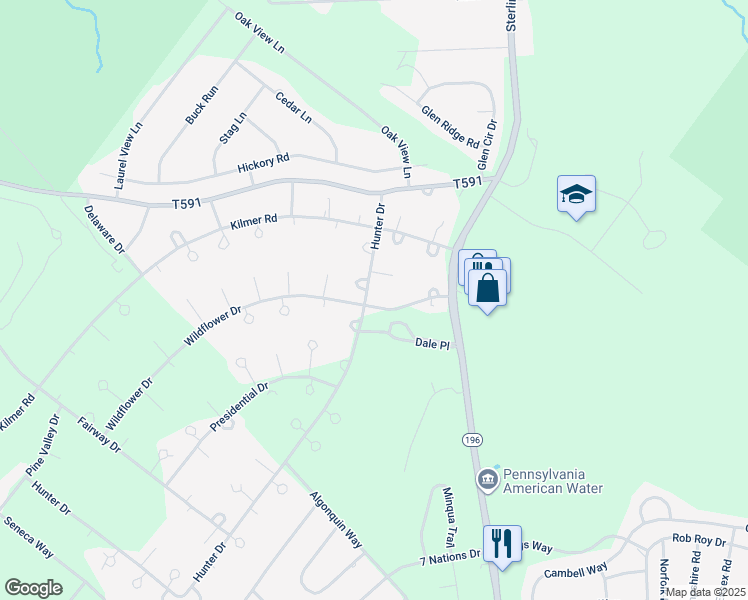 map of restaurants, bars, coffee shops, grocery stores, and more near 1055 Hunter Drive in Tobyhanna