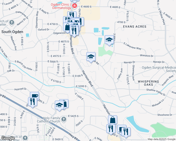 map of restaurants, bars, coffee shops, grocery stores, and more near 1295 Sunset Court in Ogden