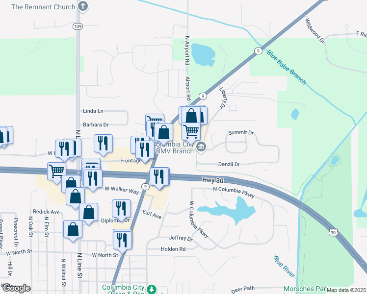 map of restaurants, bars, coffee shops, grocery stores, and more near 621 Countryside Drive in Columbia City