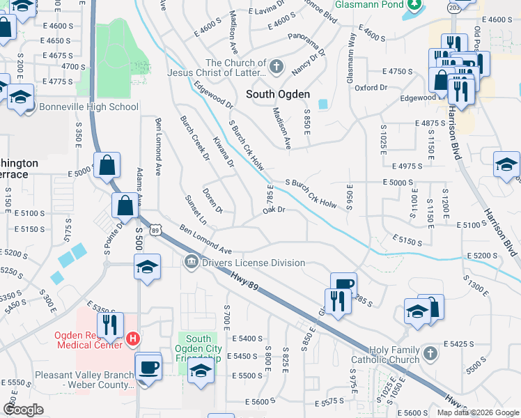 map of restaurants, bars, coffee shops, grocery stores, and more near 5136 Kiwana Drive in Ogden