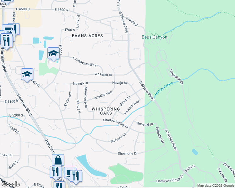 map of restaurants, bars, coffee shops, grocery stores, and more near 1762 Whispering Oaks Drive in Ogden