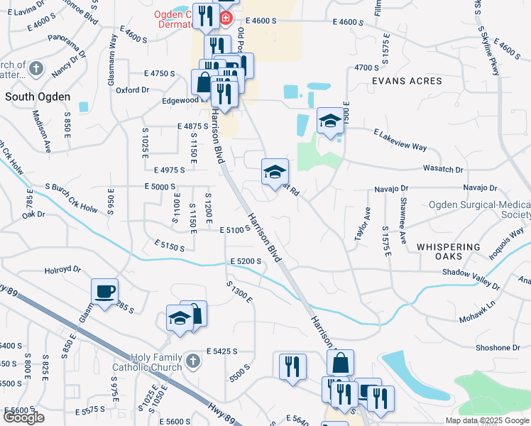 map of restaurants, bars, coffee shops, grocery stores, and more near 1302 Sunset Court in Ogden