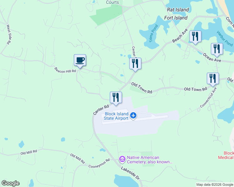 map of restaurants, bars, coffee shops, grocery stores, and more near 4 Center Road in New Shoreham