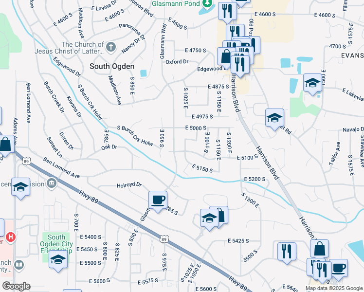 map of restaurants, bars, coffee shops, grocery stores, and more near 1047 East 5100 South in Ogden