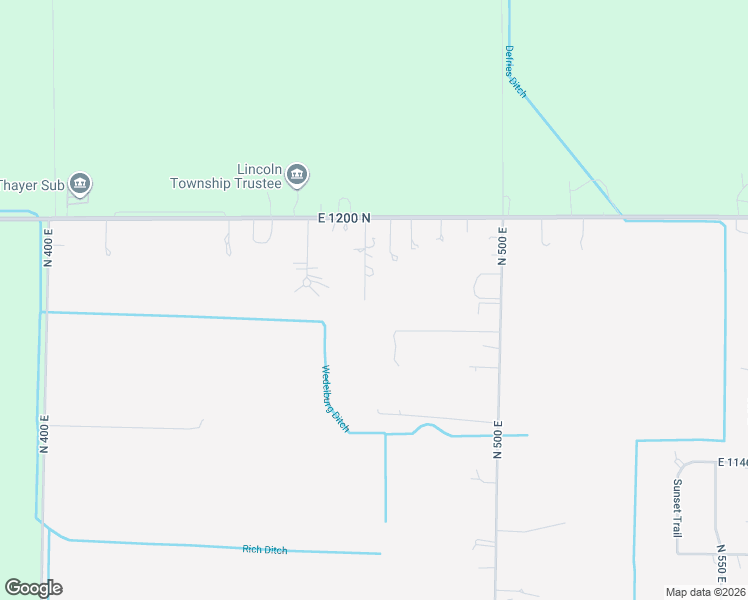 map of restaurants, bars, coffee shops, grocery stores, and more near 11837 North 470 East in De Motte