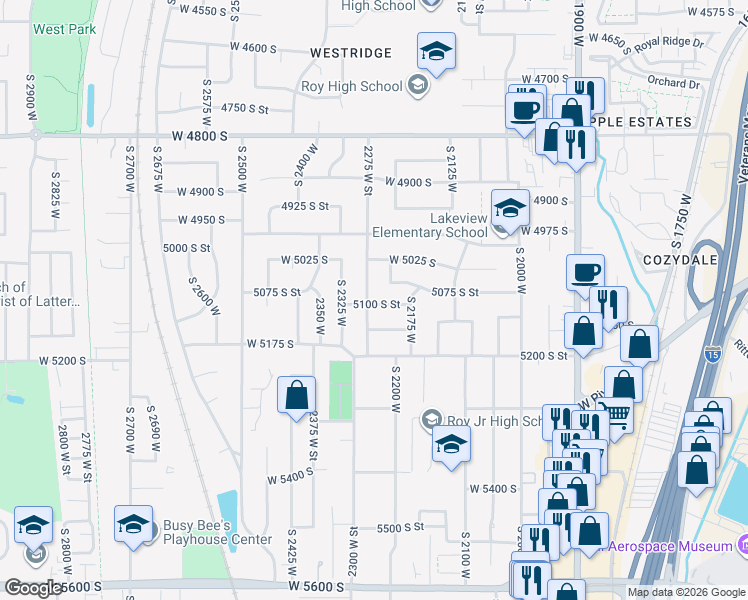 map of restaurants, bars, coffee shops, grocery stores, and more near 2266 5100 South Street in Roy