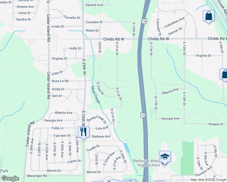 map of restaurants, bars, coffee shops, grocery stores, and more near 2030 Gindy Drive in Bellevue