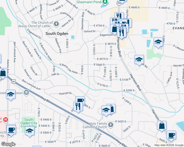 map of restaurants, bars, coffee shops, grocery stores, and more near 1047 East 5100 South in Ogden