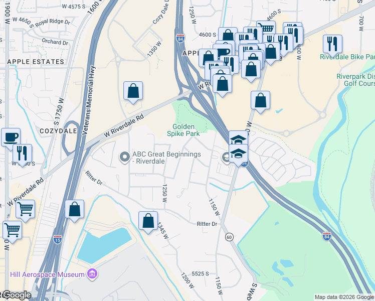 map of restaurants, bars, coffee shops, grocery stores, and more near 5100 South 1050 West in Riverdale