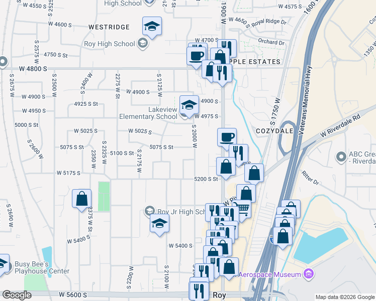 map of restaurants, bars, coffee shops, grocery stores, and more near 2025 5075 South Street in Roy