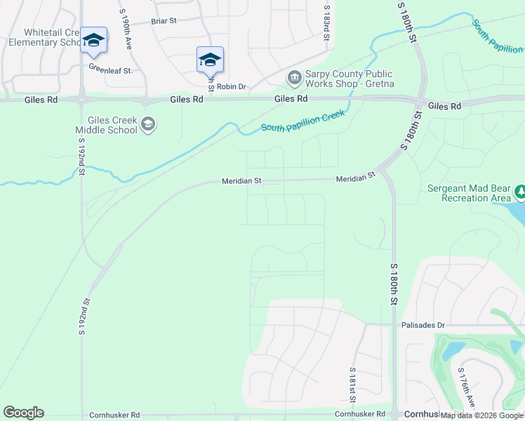 map of restaurants, bars, coffee shops, grocery stores, and more near 18496 Giles Road in Omaha