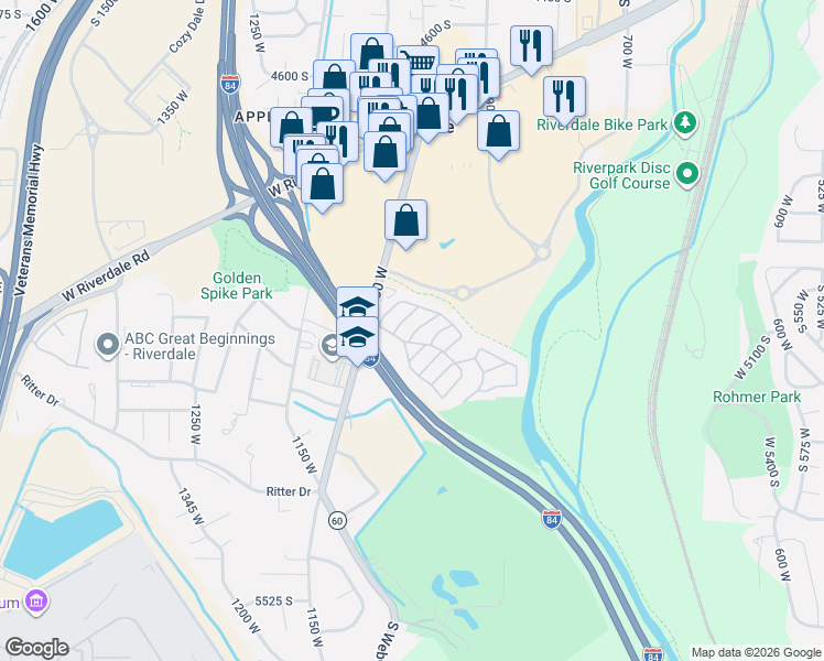 map of restaurants, bars, coffee shops, grocery stores, and more near 5100 South 1050 West in Riverdale