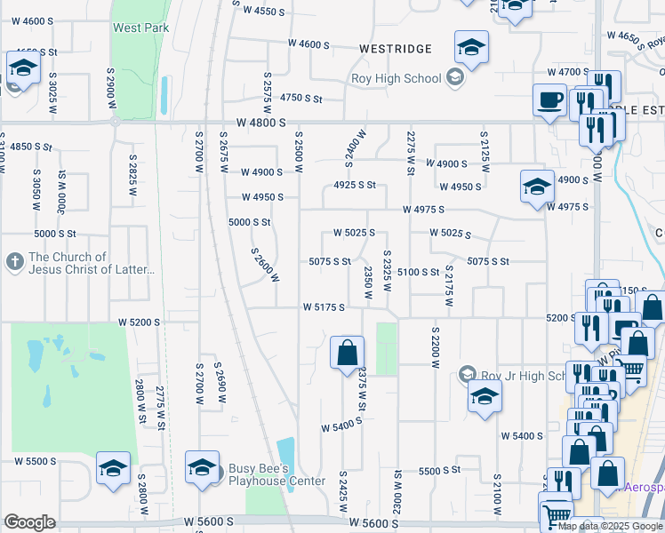 map of restaurants, bars, coffee shops, grocery stores, and more near 2435 5075 South Street in Roy