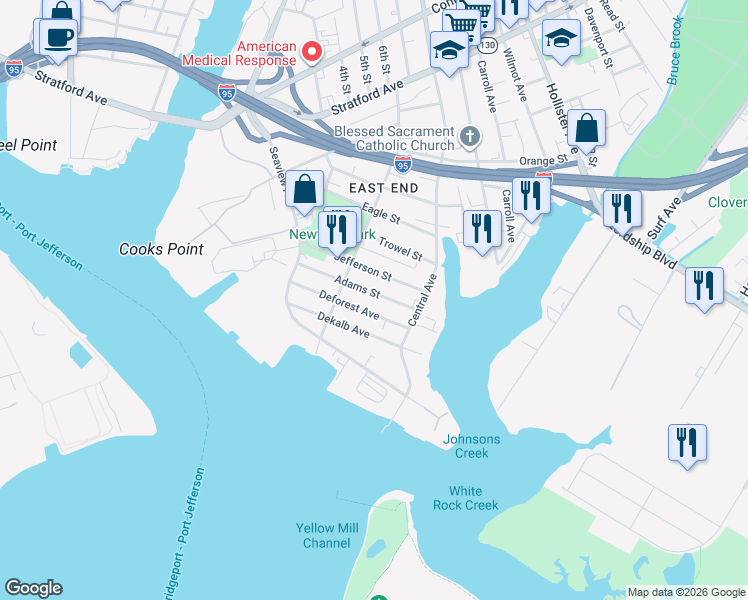map of restaurants, bars, coffee shops, grocery stores, and more near 188 Deforest Avenue in Bridgeport