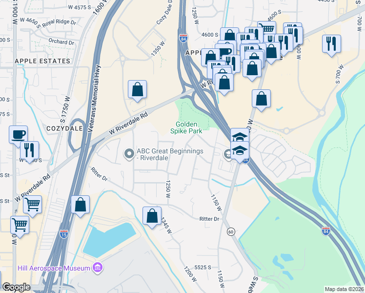 map of restaurants, bars, coffee shops, grocery stores, and more near 5109 1225 West in Riverdale